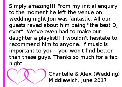 Middlewich Wedding DJ - Simply amazing From my initial enquiry to the moment he left the venue on wedding night Jon was fantastic. All our guests raved about him being 